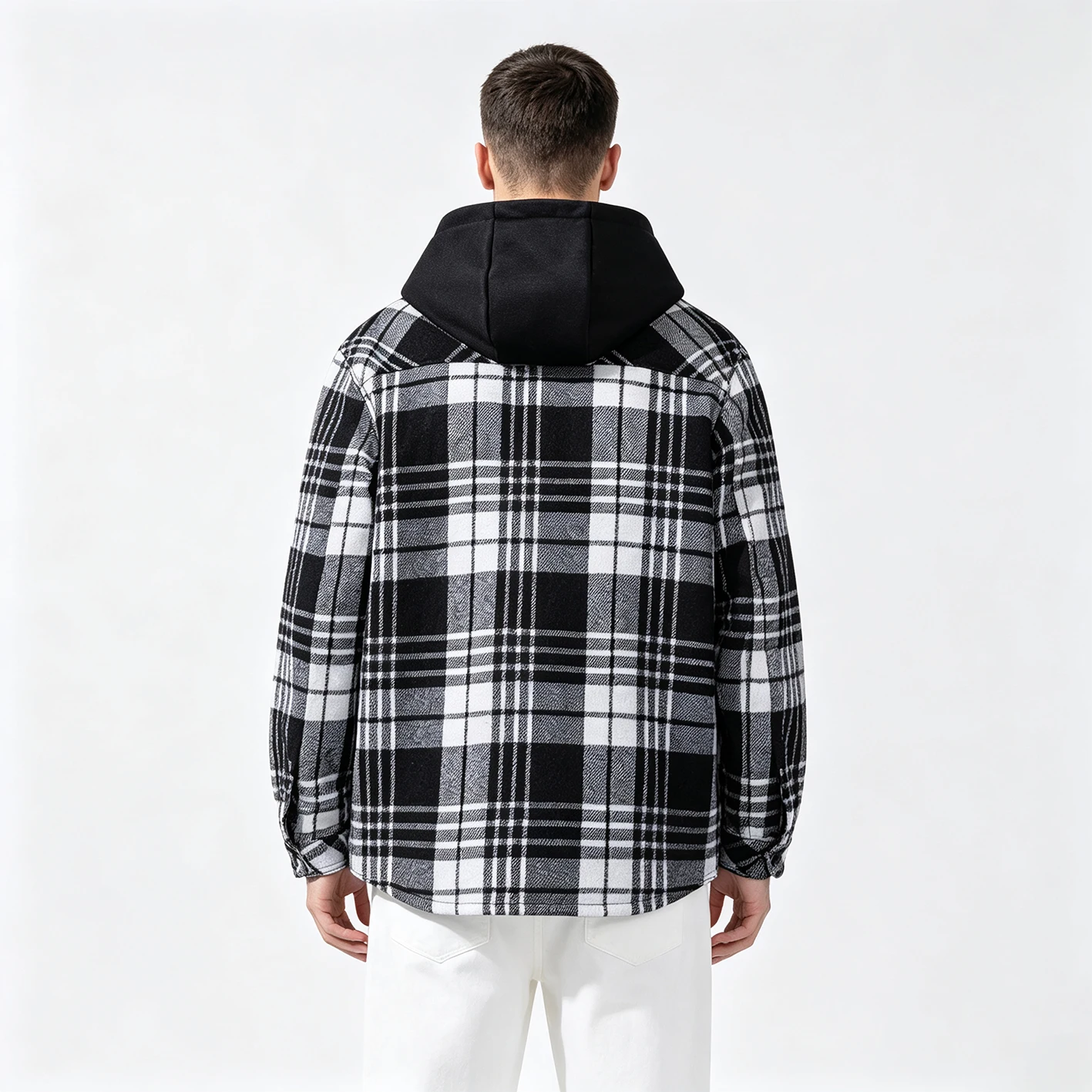 Men Hooded Plaid Flannel Shirt Jacket Fleece Lined Warm Button Down Shacket Casual Winter Outerwear