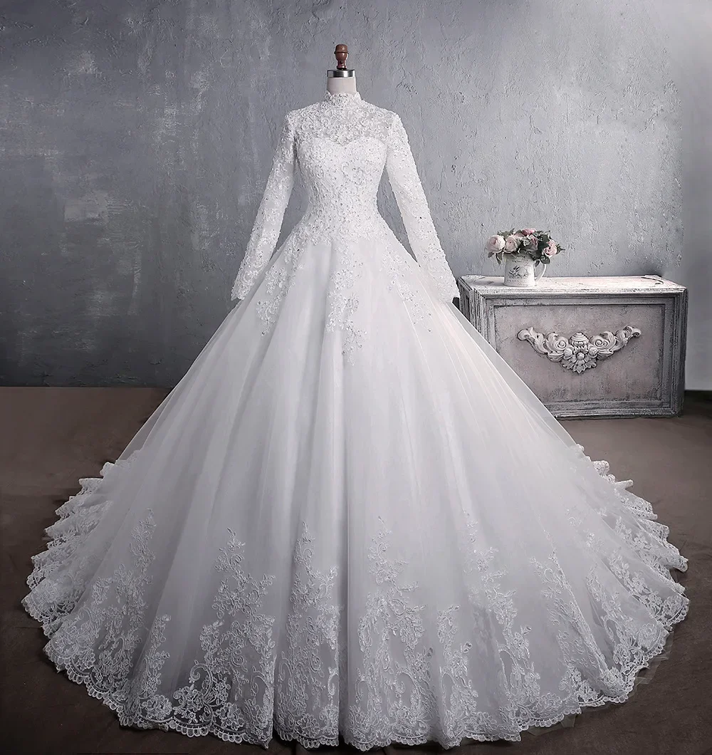 Robe de mariée musulmane à col haut avec train, robe de mariée princesse, broderie en dentelle de luxe, robe de mariée élégante, 2024