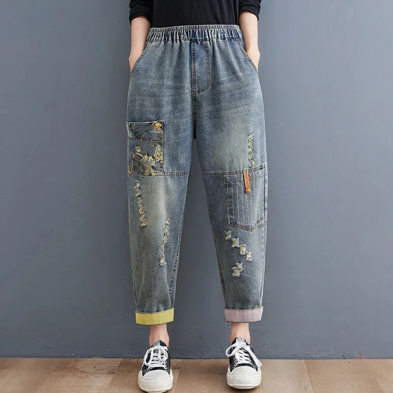 Spring Summer Blue Harem Jeans Women Holes Loose Vintage Denim Jeans Female High Waisted Ripped Jeans Femme Ankle-length Patch