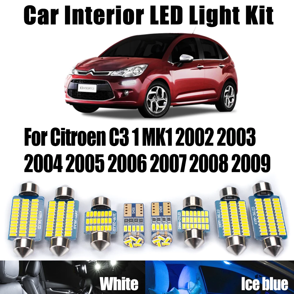 

10 шт. Canbus для Citroen C3 1 MK1 2002 2003 2004 2005 2006 2007 2008 2009 автомобильные лампы Canbus светодиодный комплект внутреннего потолочного освещения багажника