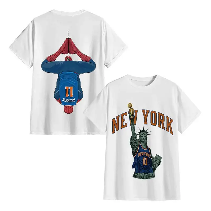 Vintage Double Sided Tee Men Women Basketball Fan Must Have Statue Liberty Hold Championship Trophy Number 11 Front Back Upside Down Web Swing Graphic Loose Breathable Short Sleeve Street Shirt For Game Day Watch Party
