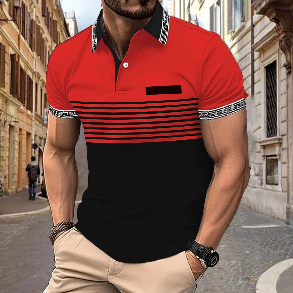 Plate-size Striped Solid Color Matching Loose Fashion Trend Casual Digital Printed Short-sleeved Lapel Polo Shirt