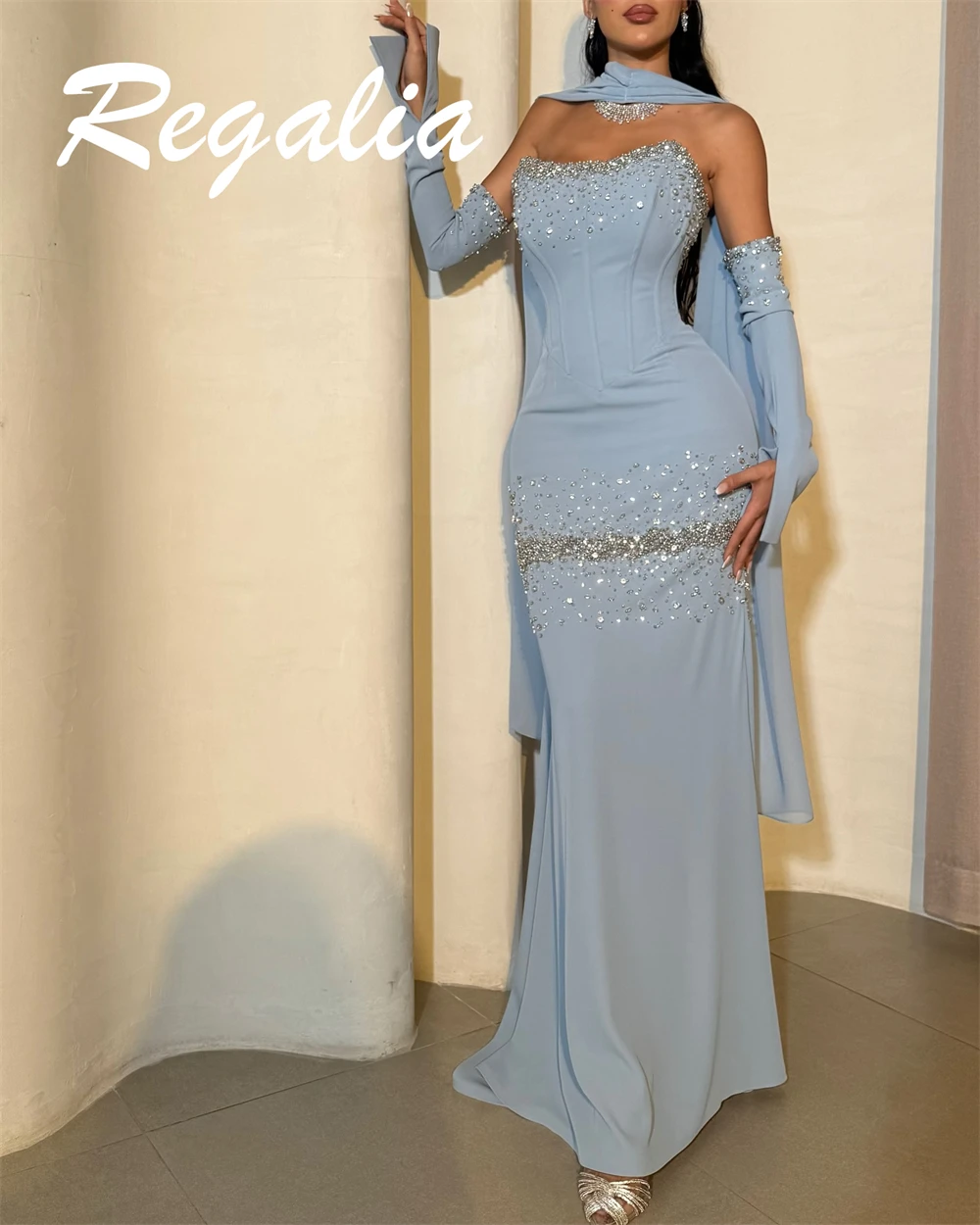 Customized Mermaid Elegant Blue Jersey Evening Dress Exquisite Strapless Detachable Sleeve Celebrity Gowns Luxury Prom Dress