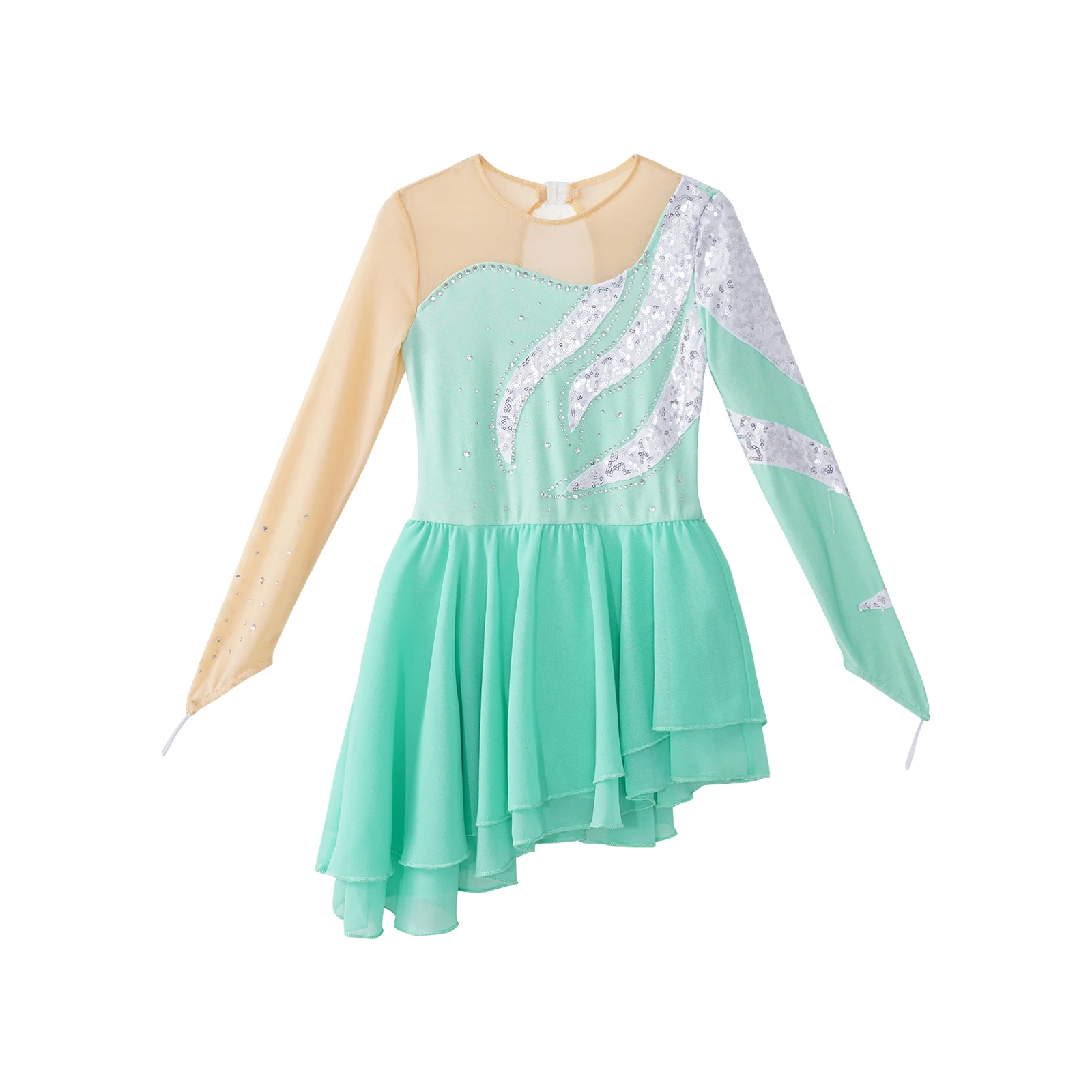 Vestido de patinaje sobre hielo para niñas, tutú de lentejuelas florales de manga larga, vestido de Ballet, leotardos de gimnasia, disfraz de