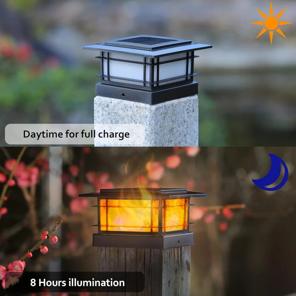 8 Pack Solar Flame Post Lights Outdoor, Solar Powered Fence Post Cap Lights, High Brightness Flickering Flame SMD LED