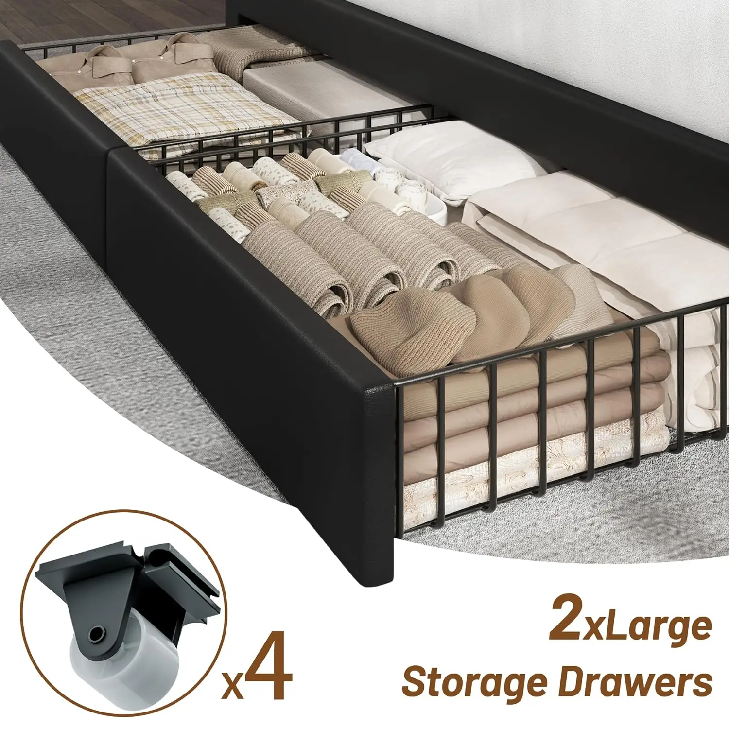 King Size Upholstered Bed Frame with 2 Tier Storage Headboard & 4 Drawers USB Type C Ports Solid Wood Slats Noise Free Custom view 5
