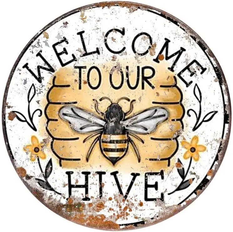 WZVZGZ Vintage Style Round Tin Sign Welcome Bee Hive Sign,Metal Honey Bee Decor,Bee Decorations,Everyday Bee Sign,Kitchen Decor,