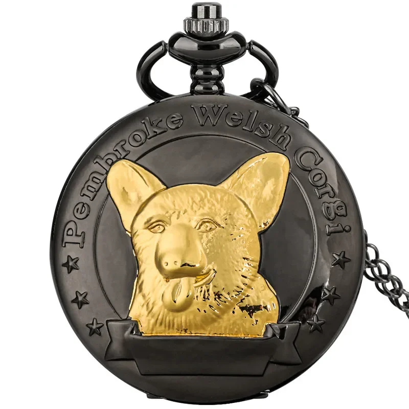 Golden Engraved Pembroke Welsh Corgi Pet Dog Cover Unisex Quartz Analog Pocket Watch Sweater Pendant Chain Retro Timepiece Gift