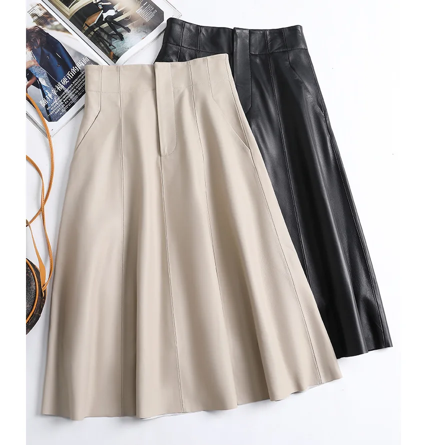 

2023 New Arrival Women High Waist Brief Casual Genuine Sheepskin Leather Long Skirt