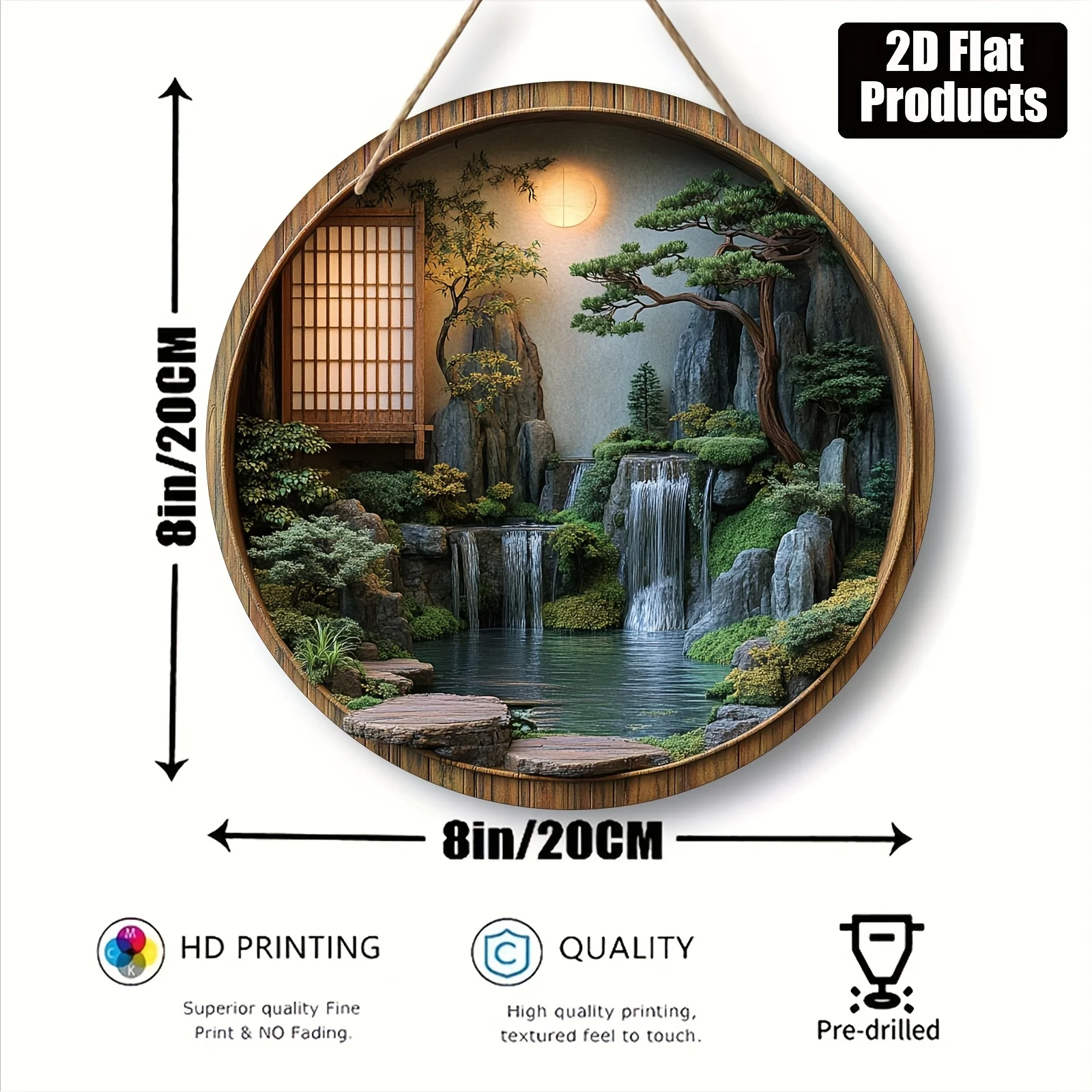 2D Flat, Round Wooden Decorative Sign, Japanese Zen Garden Water Feature Theme, Suitable for Bar Kitchen Cafe Home Room Office D
