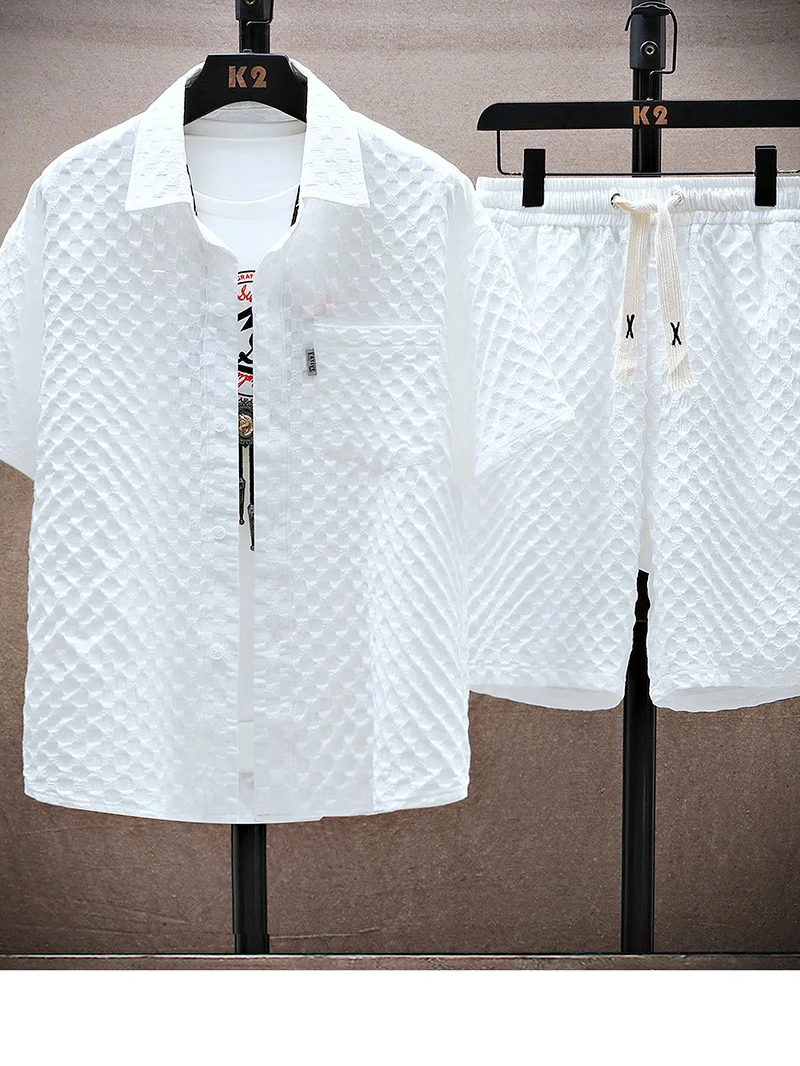 summer-ice-silk-short-sleeve-shirt-set-men's-cool-casual-wear-five-point-shorts-one-set-sport-leisure-two-piece-set-polyester