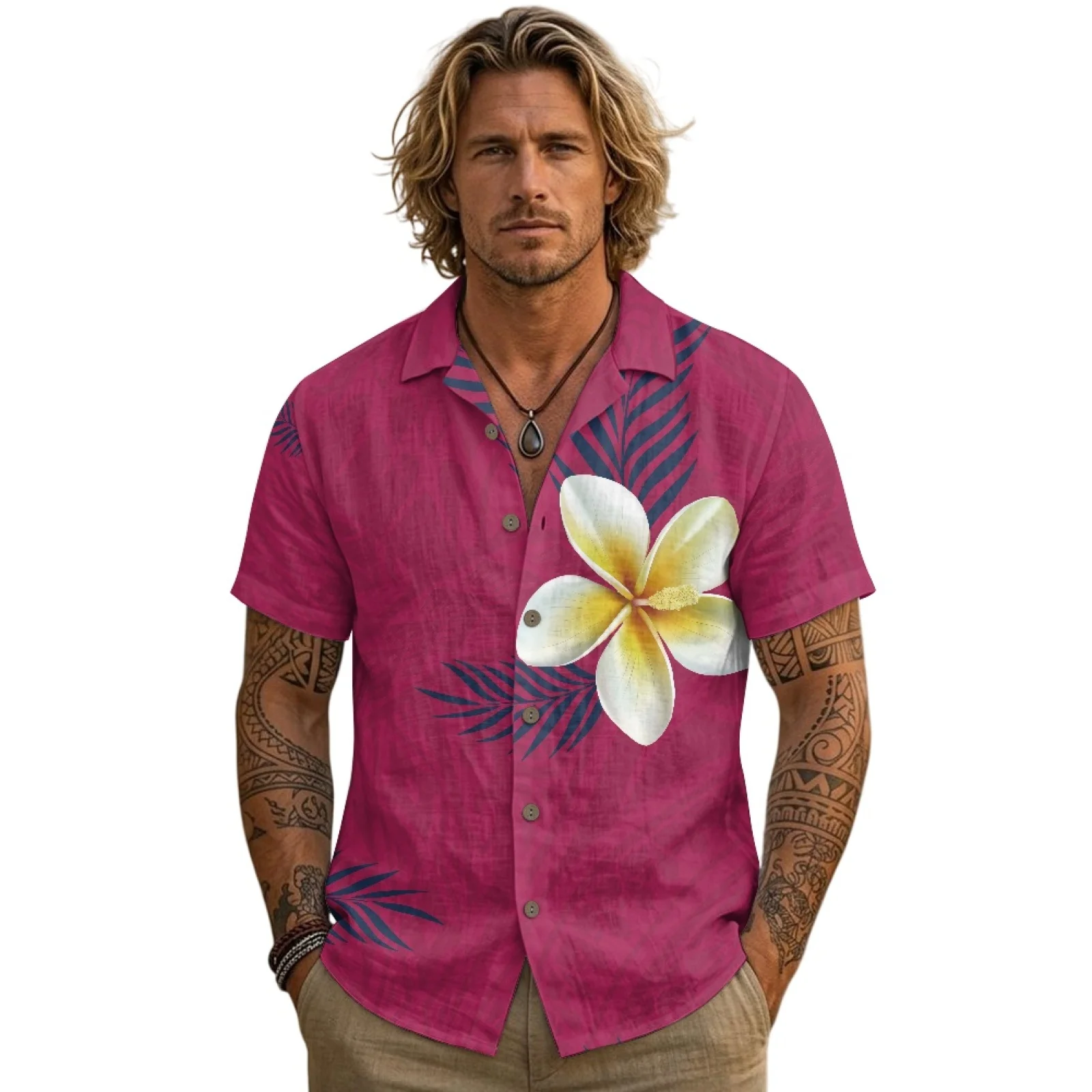 PENSTROLL Flowers Pattern Single Breasted Mens Hawaiian Shirt for Male Linen Style Short sleeved Shirt Top Hawaiian Shirts