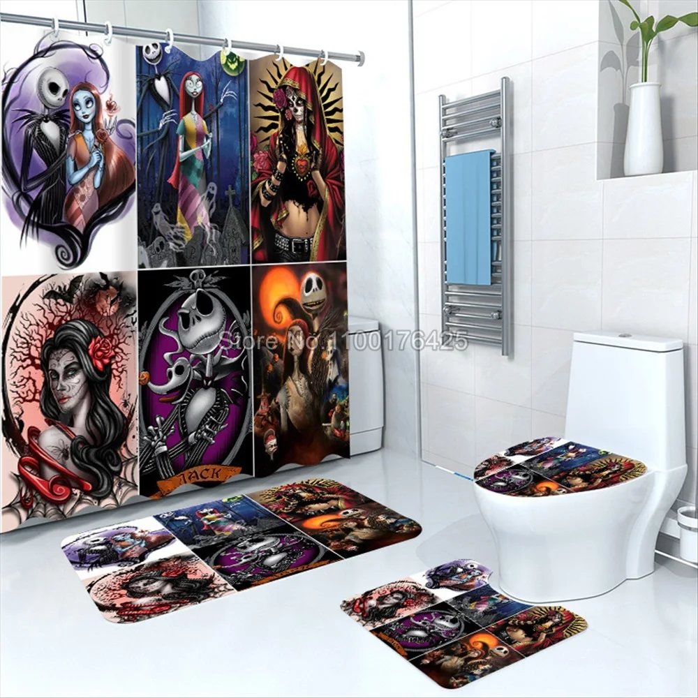 Jack And Sally  Anime 4 Piece Mats Bathroom Decorations And Shower Sets Full Set Accessories Curtain Bath & Items