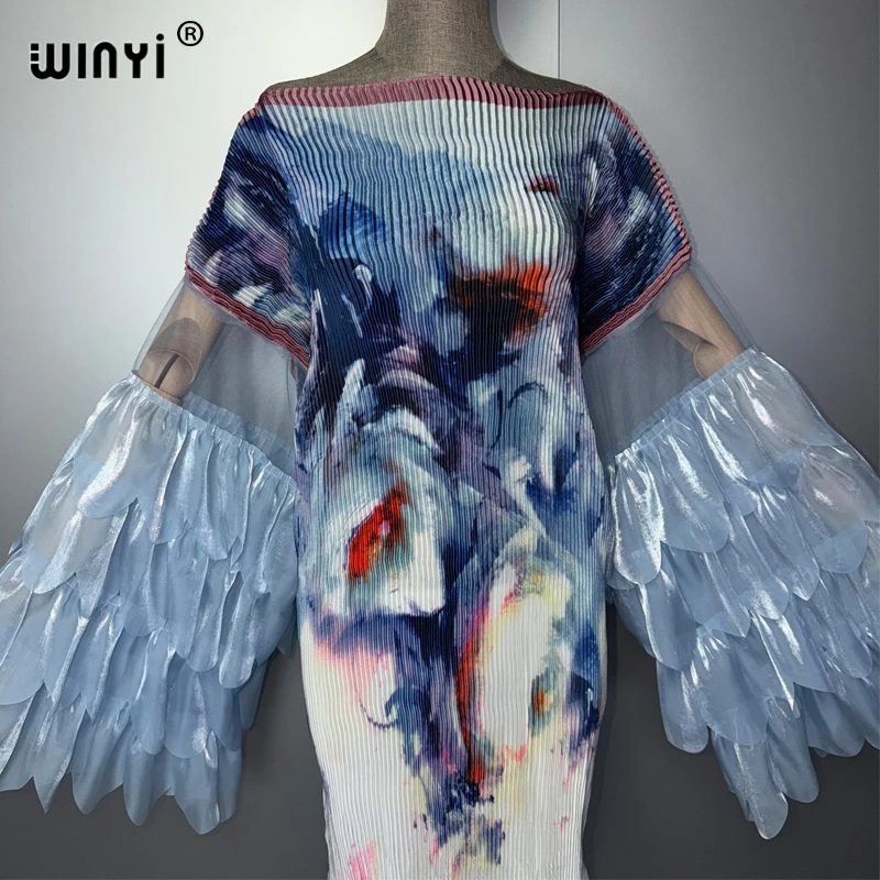 WINYI Pleated Elastic Slim Dress Beach Cover up Kaftan Abaya for Muslim Women Dubai Luxury Party Evening Retro Style