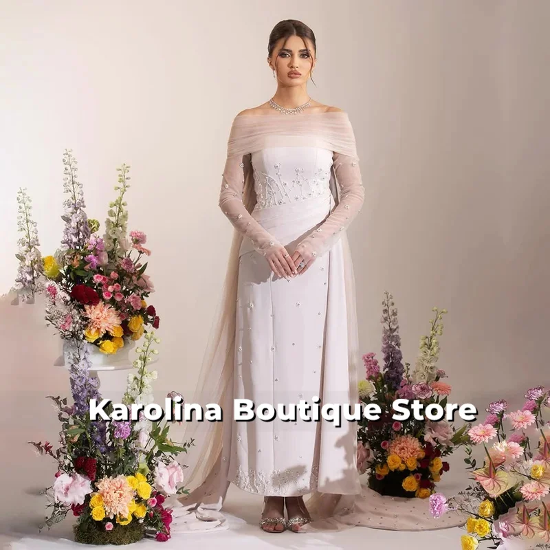 

Elegant Wedding Party Dresses Boat Neck Long Sleeves Beading Exquisite Evening Gowns Draped Sweep Train Party Dress Customized