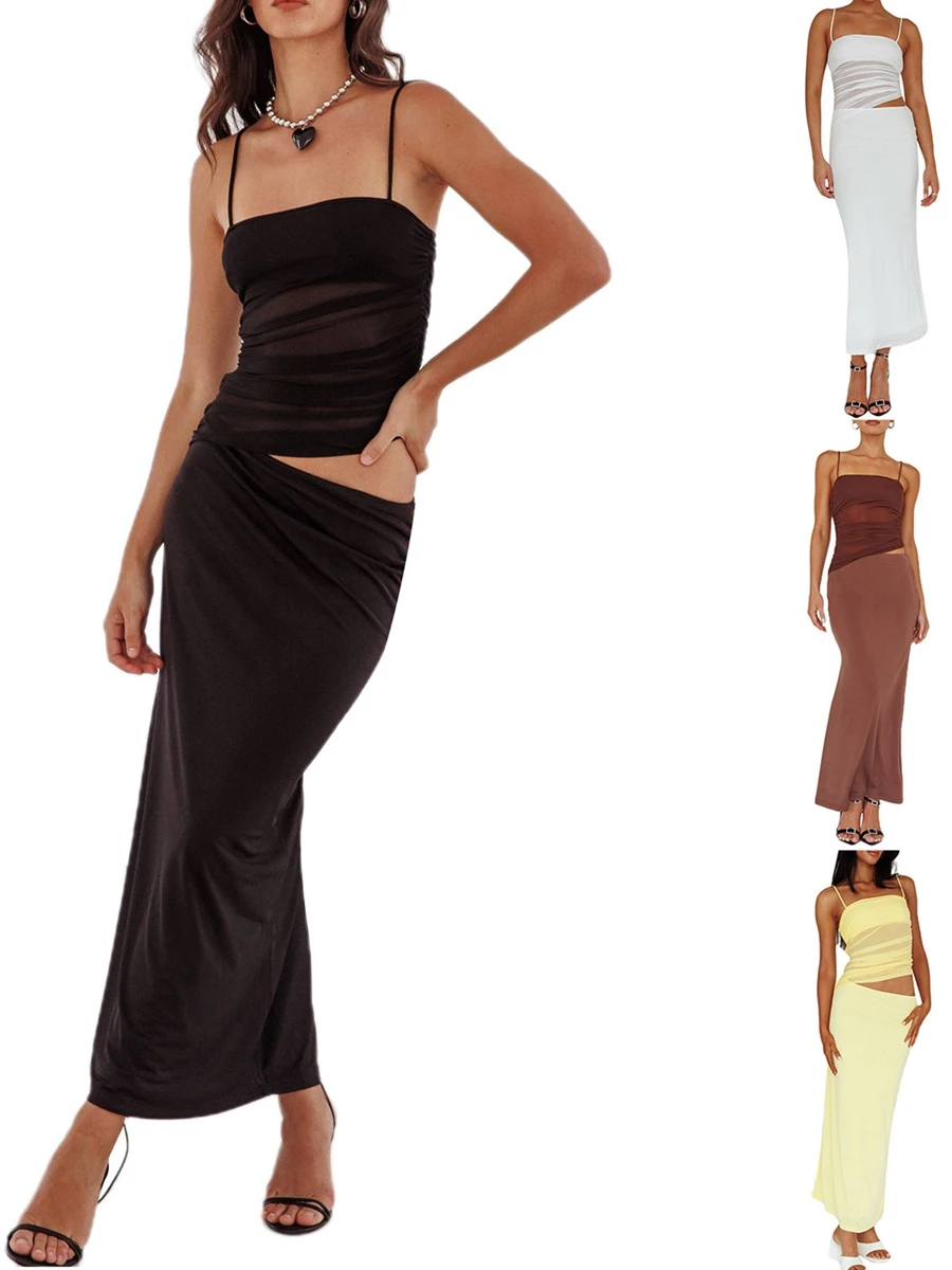 ชุดเซ็ต 2 ชิ้นสำหรับผู้หญิง เสื้อครอปท็อปผ้าลูกไม้เซ็กซี่และกระโปรงเอวสูง สีพื้น เสื้อสายเดี่ยวแขนกุดและกระโปรงยาว