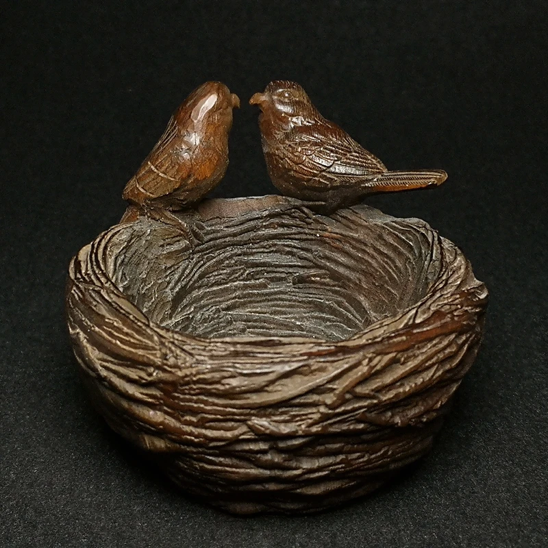 

YIZHU CULTUER ART Size 8 cm Chinese Boxwood Wood Hand Carved Bird bird's nest Old Decoration Collection