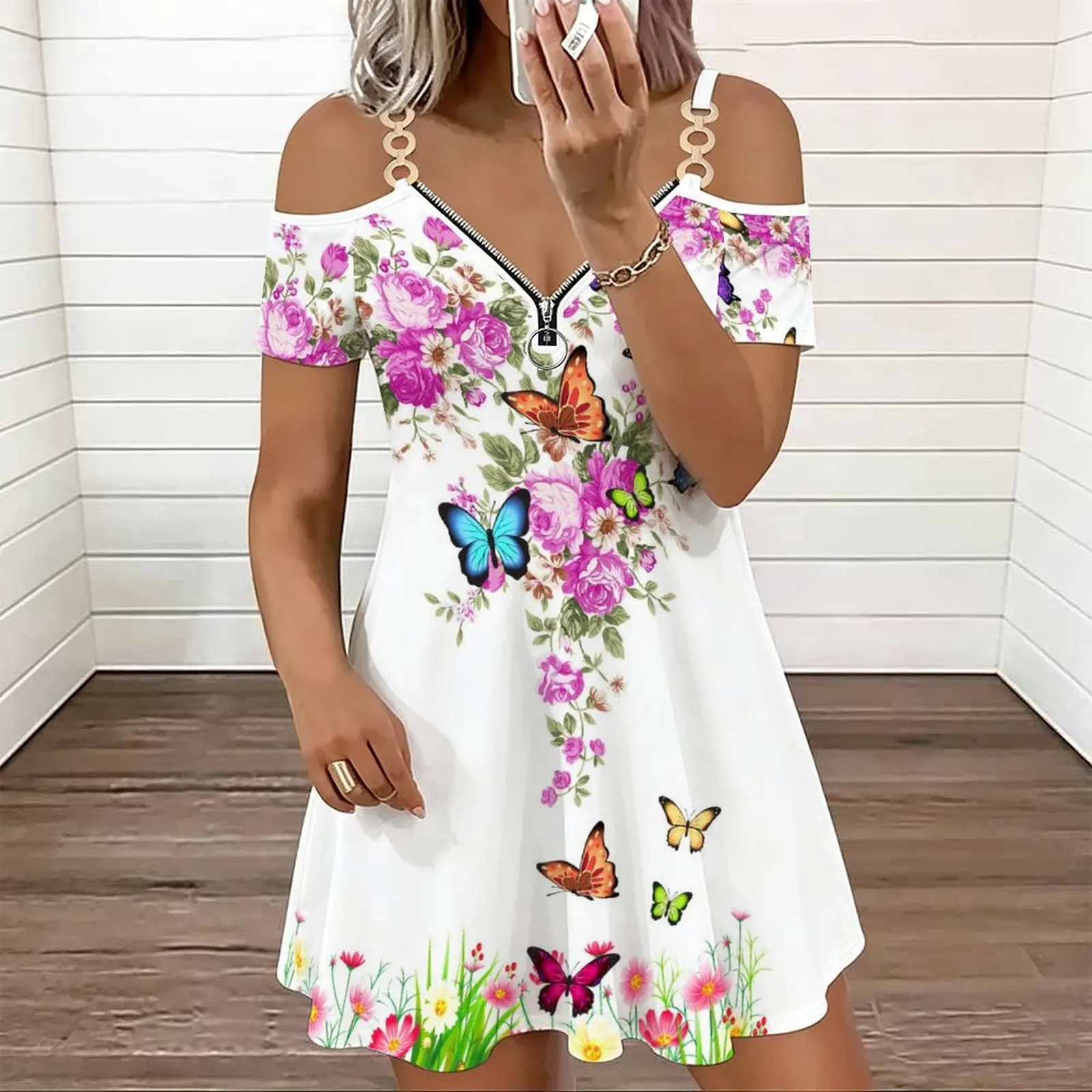 Retro Fashion Cold‑shoulder Double Strap V‑neck Zipper Ladies Mini Skirt Spring Summer Casual Dress Beach Vacation Party Dress