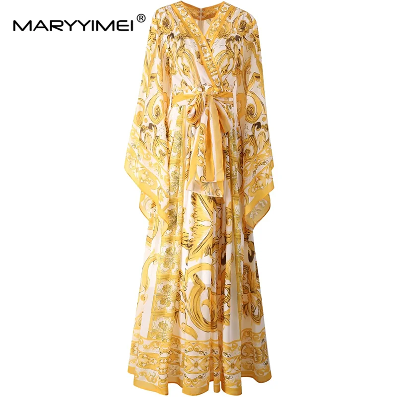 MARYYIMEI Autumn Women's loose Dress V-Neck Flying sleeve Lace-UP Elegant Chic Baroque printed Casual Holiday Dresses