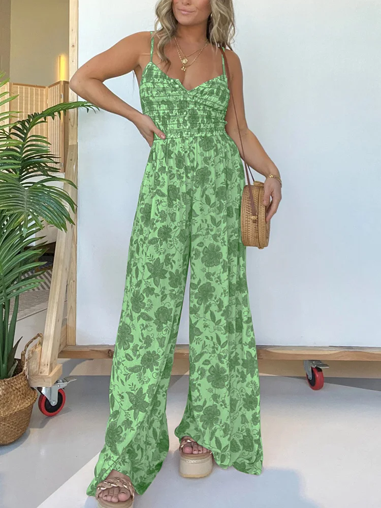 

2024 Fashion V-Neck Sleeveless Playsuits, Women Summer Loungewear Printing Jumpsuits, Wide Leg Pants Backless Ladies Bodysuits