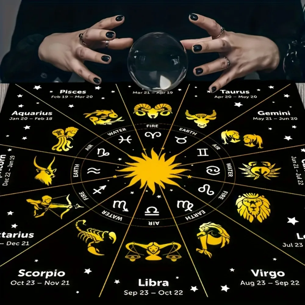 Zodiac Tarot Altar Cloth Multiple Sizes Printed 12 Constellation Sun Star Mystical Runes Polyester Divination Oracle Card Home