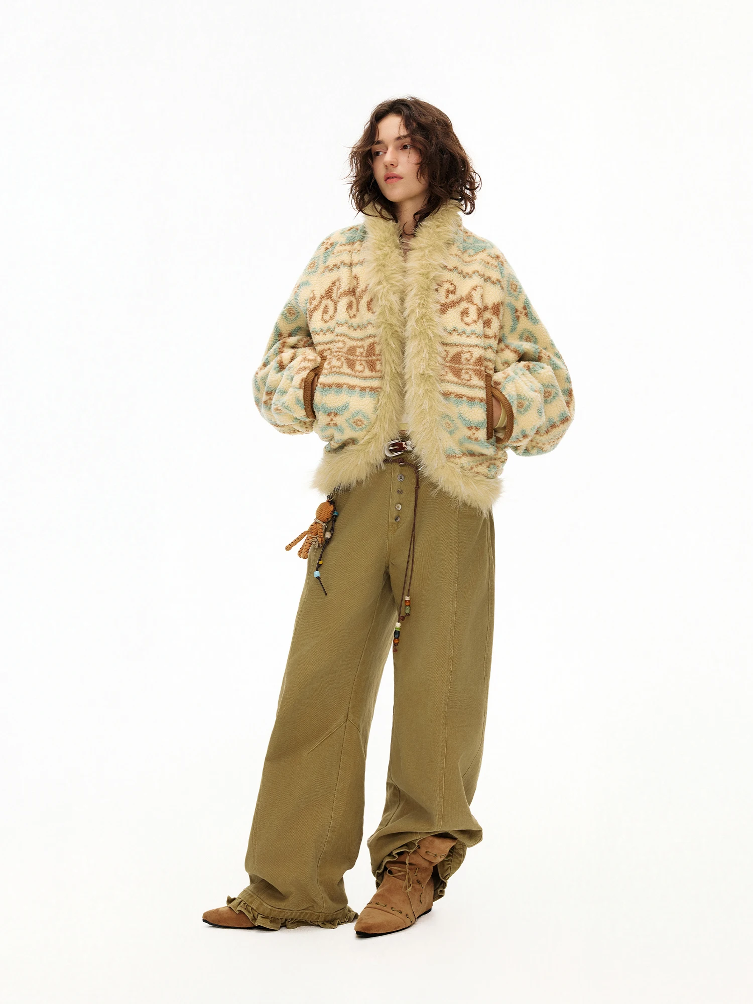

Outthe Blue Island Radio New Sle Lamb Fur Fair Isle Patterned Coat with Fluffy Collar Casual Loose Fit Ladies Jaet