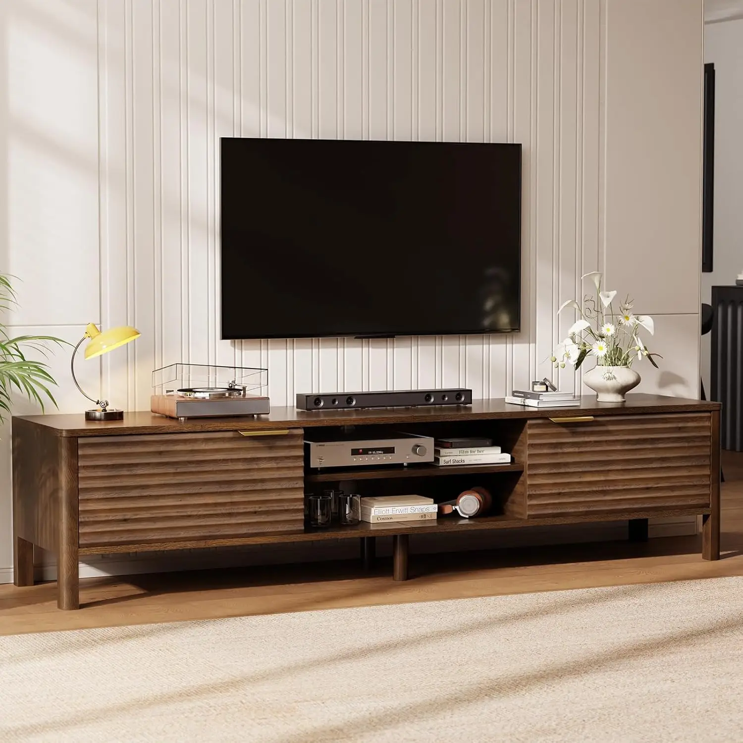 

TV Stand for Living Room - up to 80 Inch TVs Mid Century Modern Entertainment Center with Storage and Adjustable Shelves