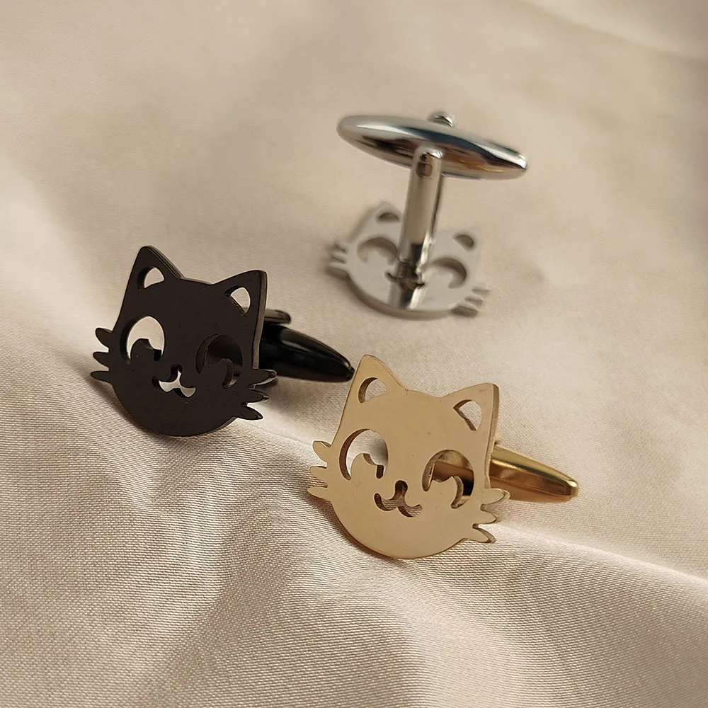 18K Gold Plated 316L Stainless Steel Cute Cat Face Cufflinks Hollow‑out Kitten Shirt Cuff Buttons Mens Novelty Suit Accessories