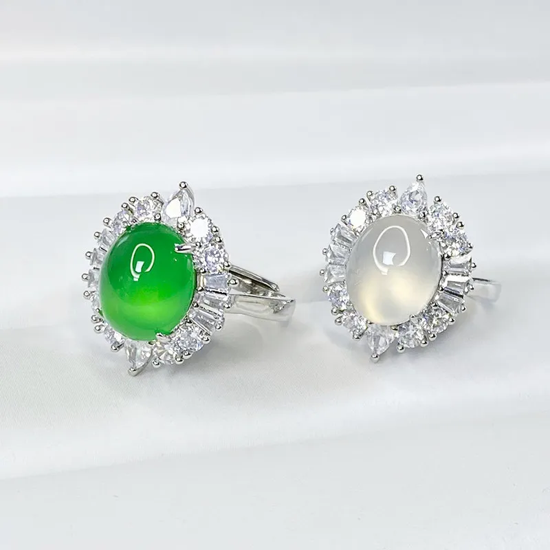 Natural Chalcedony Ring for Women Ice Jadeite Color Adjustable Band Green Gemstone Jewelry