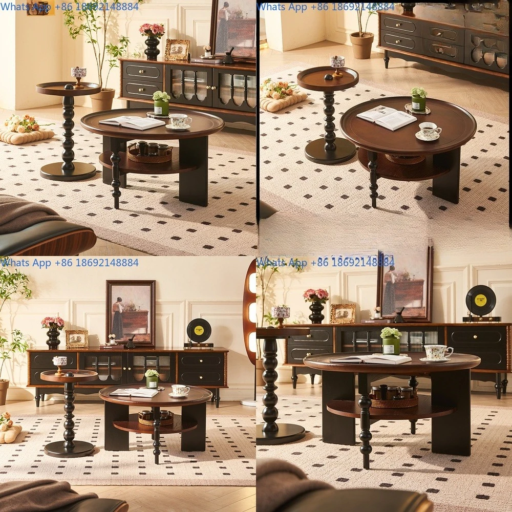 

French style vintage solid wood round coffee table living room double decker side table set small coffee table