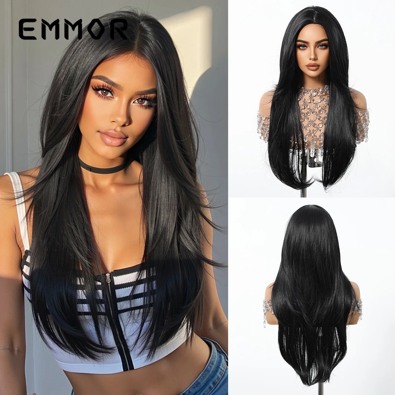 Women's Long Hair Wig, Middle Part Black High Layered Elegant Straight Hair Face Framing Full Head Wig Easy To Style