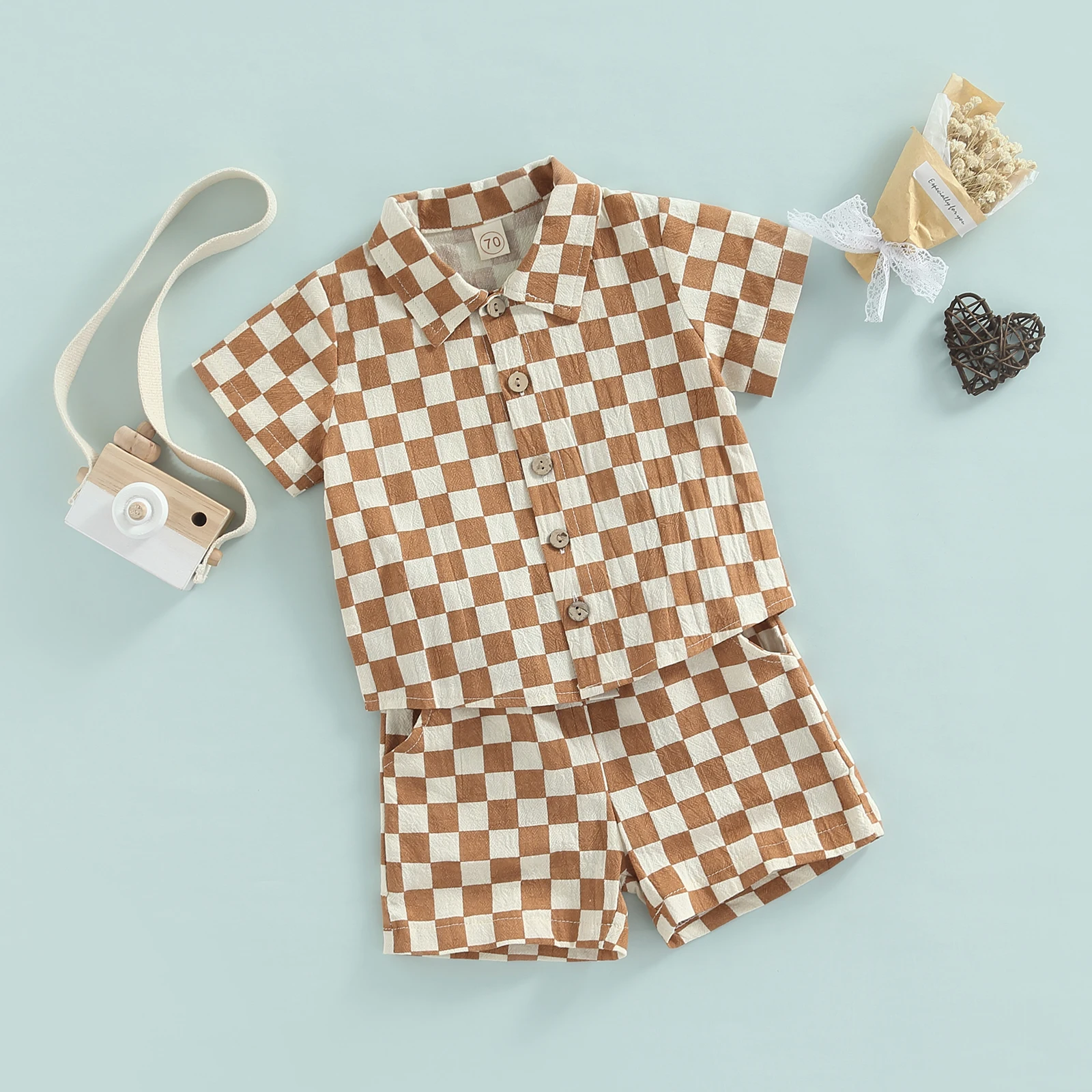 Toddler Baby Boy Clothes Cotton Linen Checkerboard Short Sleeve Button Down T-Shirt Shorts Summer Outfit 2PCS Set