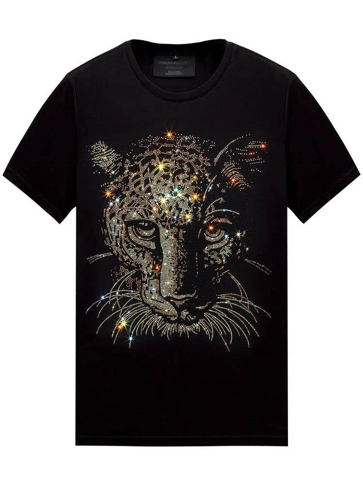 2025 Cheetah Rhinestones T Shirt for Men Fashion Streetwear O Neck Short Sleeve Slim Modal Cotton Casual T-shirts Plus Size 6XL