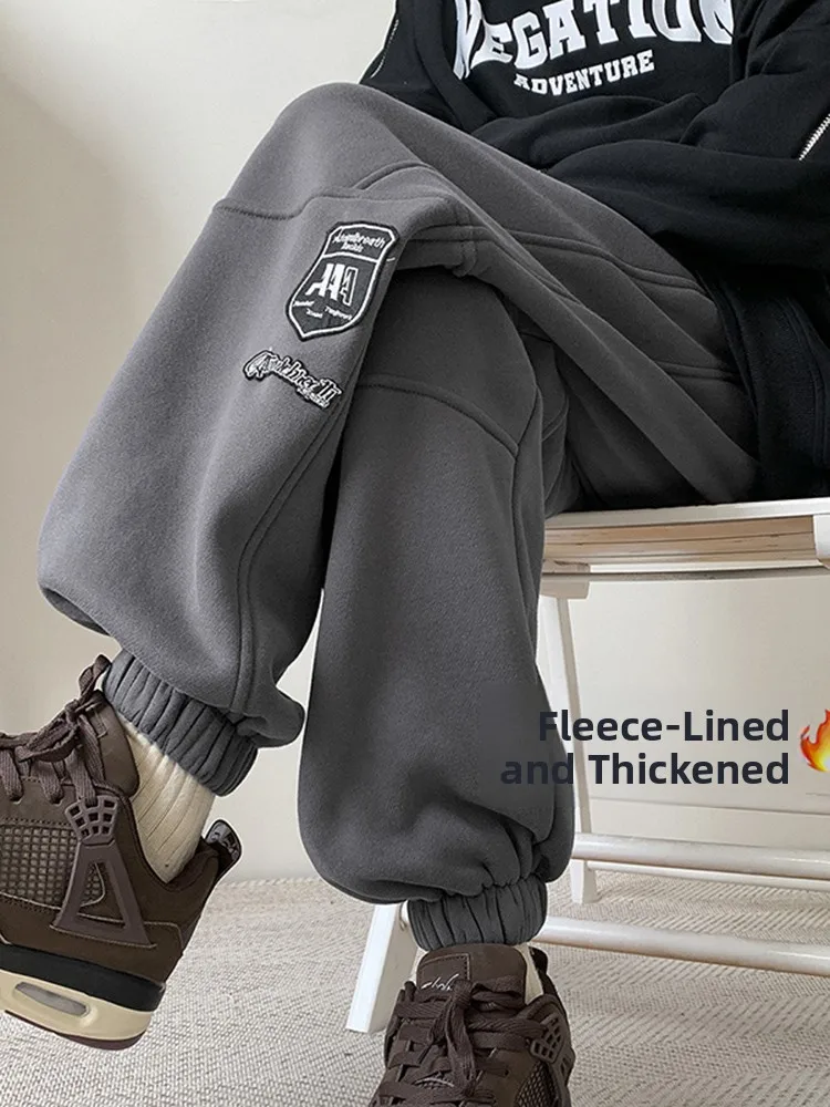 

Retro American Fce Lined Sports Pants Thi Winter Casual Trousers for Men Youthful Sle mid Low Waist Loose Fit Long Pants