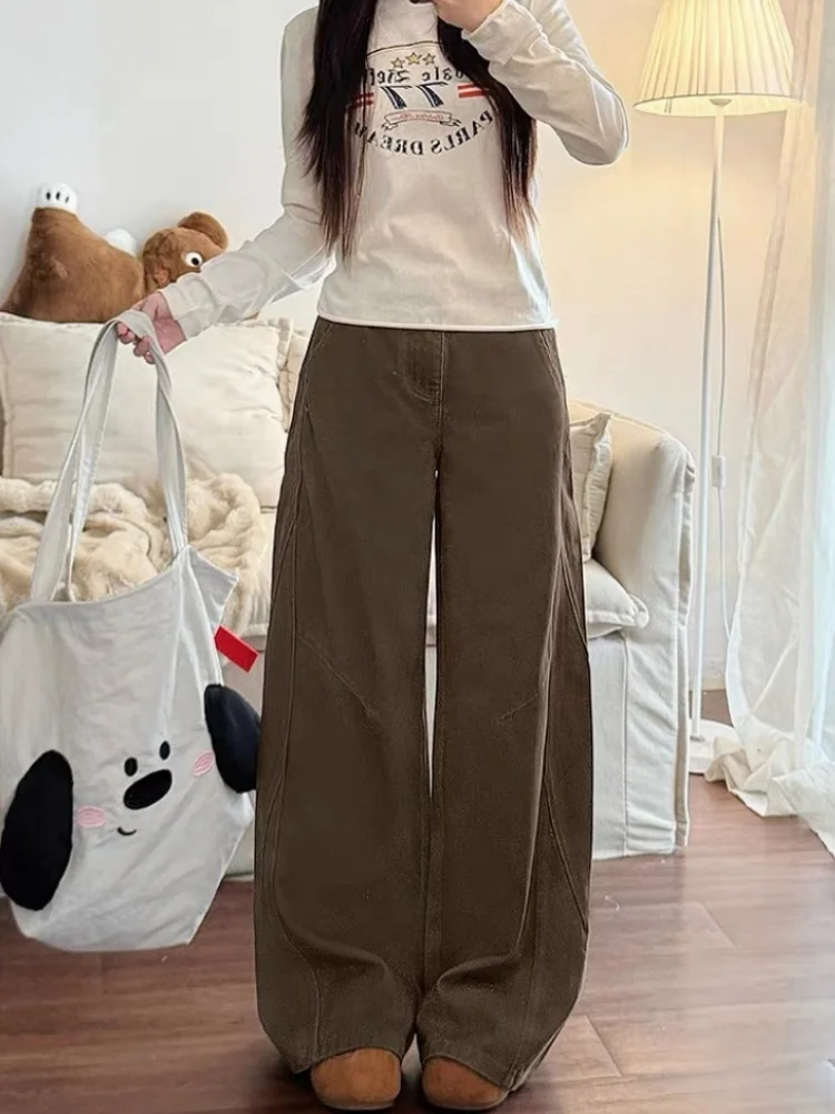 American Style Wide Leg Denim Jeans Women Winter New Loose plus Size Straight Cut Trousers for Pear Shaped Body Coffee Color