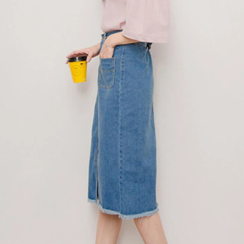 2023 New Spring Summer Style Denim Skirt Women Sexy Split Slim High Waist Midi Skirts Vintage Casual Long Jeans Skirt Saia SF200