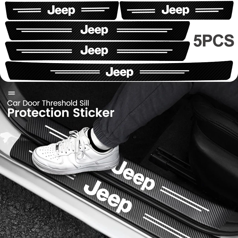 1/4/5Pcs Car Door Sill Scuff Plate Decor Carbon Fiber Stickers For Jeep JL Renegade Wrangler Gladiator Cherokee Compass Liberty