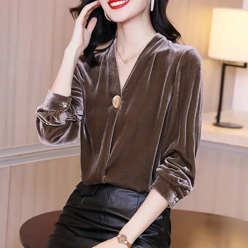 

Spring Autumn New Fashion V-neck Long Sleeved Pullover Bottom Shirt, Casual Versatile Western Style Commuter Clothing Women Tops