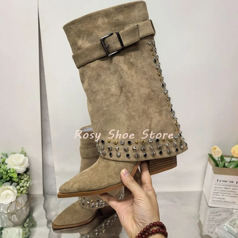 

Women's Suede Point Toe Fashion Autumn Winter Street Ankle Boot Buckle Strap Design Metal Rivet Decor Square Heel Trousers Boots