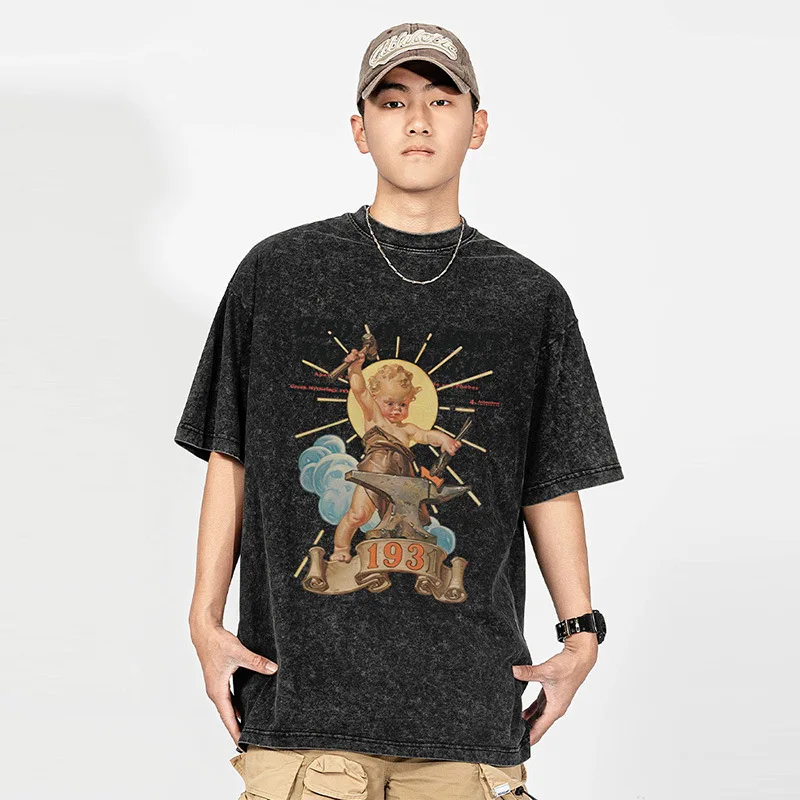 تي شيرت رجالي بأكمام قصيرة على ارتفاع الشارع ، طباعة ملاك مضحكة عتيقة ، قطن خالص مغسول ، مقاس فضفاض ، توبات للزوجين ، تي شيرت صيفي