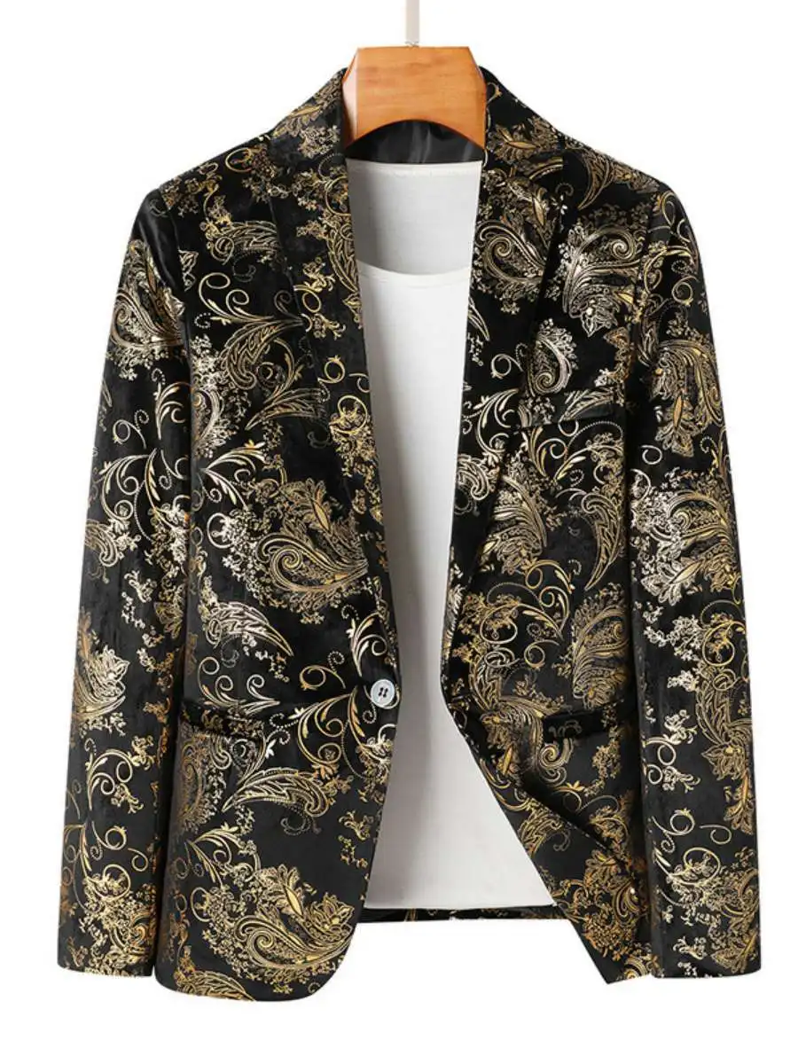 

Casual Men's Faionable Gold-Stamped Loose Fit Suit Jaet New Sle Youth ular Spring Autumn Wear One Button Double Row