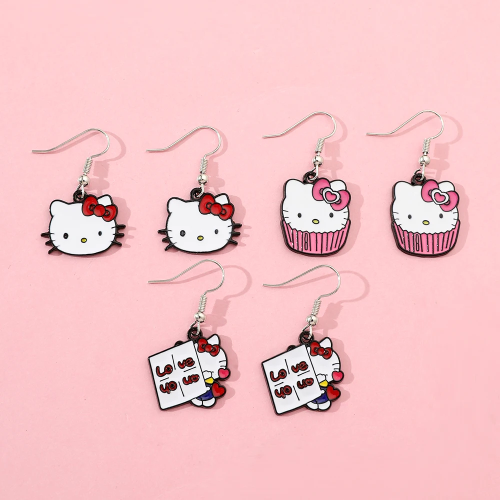 Anime Sanrio Hello Kitty Earrings Cute Cartoon Figure KT Cat Metal Enamel Pendent Earrings Jewelry Accessories Kids Gifts