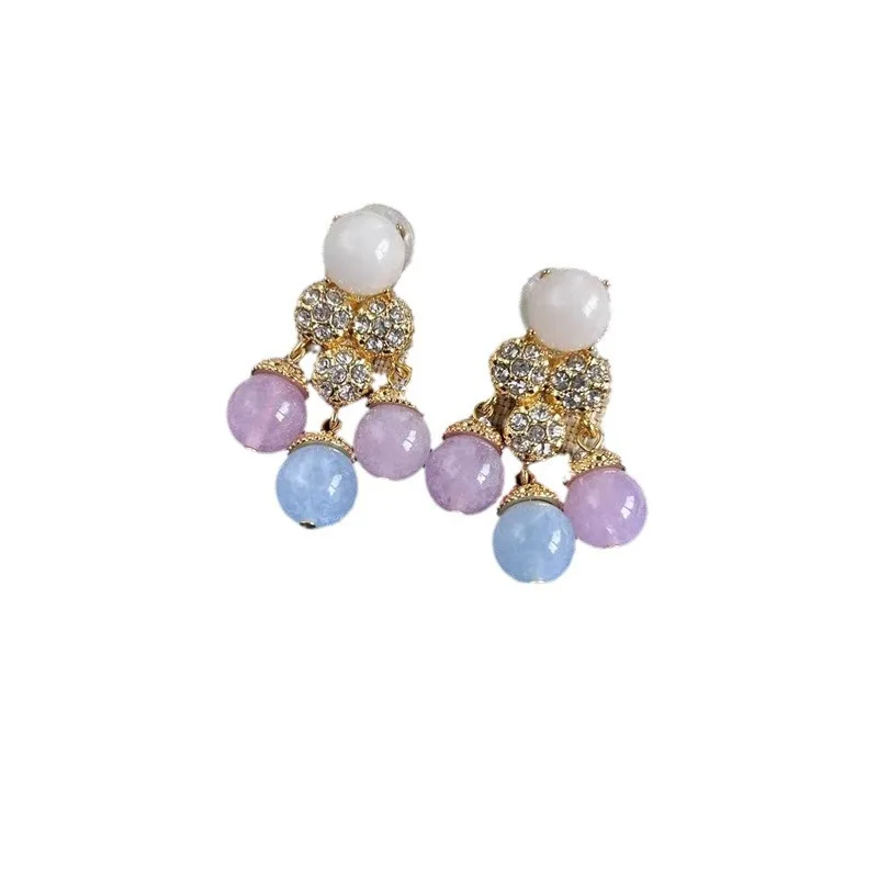 2025 Autumn Winter New Fresh Full Rhinestones Paved Stained Glass Tassel Earrings Ear Clip Jewelry Piercing Jewelry