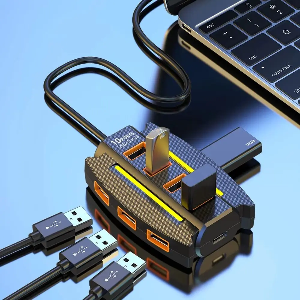10 Ports USB 2.0 Splitter With RGB Light Expander USB Adapter Hub 5Gbps High Speed Multiple USB Docking Station