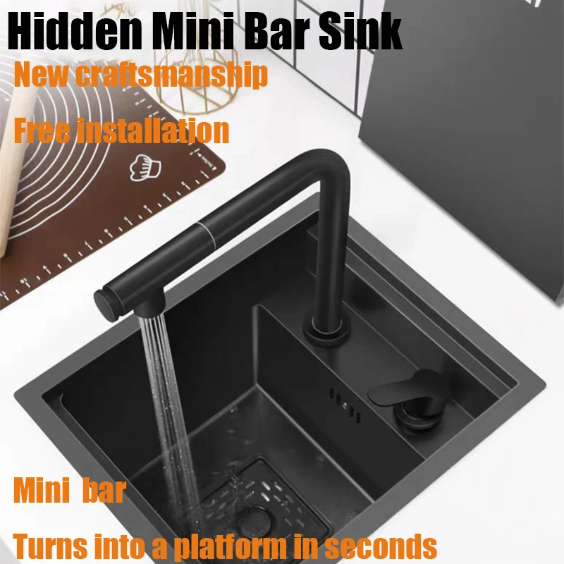 

Невидимые мини-кухонные мойки с крышкой, островная настольная пластина, барная стойка, скрытая ручная раковина с одним слотом, нержавеющая сталь 304