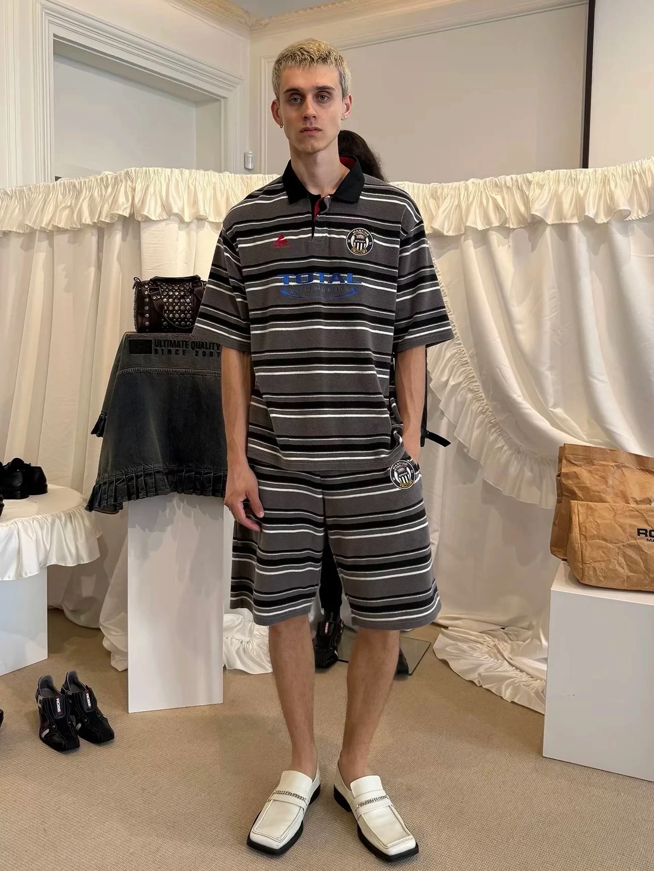MR 26SS Vintage Terry Cloth Striped Embroidered Oversized Polo Short‑Sleeve & Casual Shorts Set