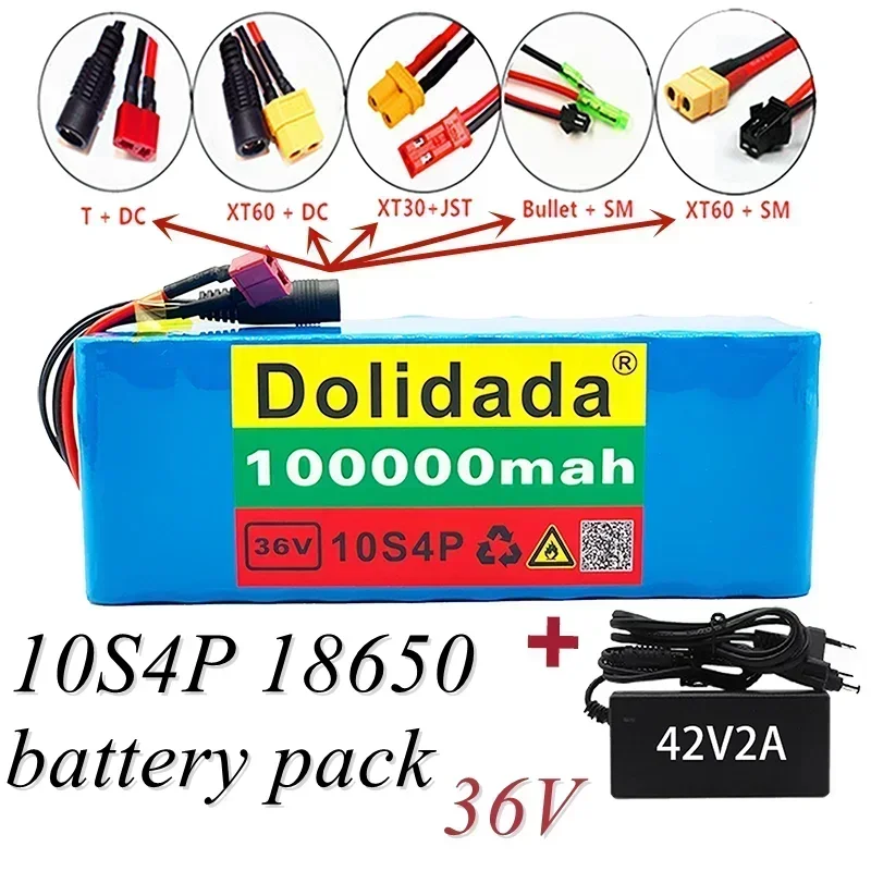Lithium Battery 10S4P 36V 100Ah Large Capacity Suitable For Bicycles And Electric Cars With BMS And Charger Customizable Socket