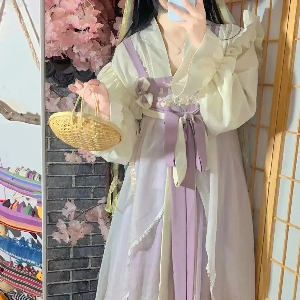 Estilo chinês bordado hanfu bonito coelho lótus puff mangas cosplay traje de fadas vestido para mulher tang dinastia terno
