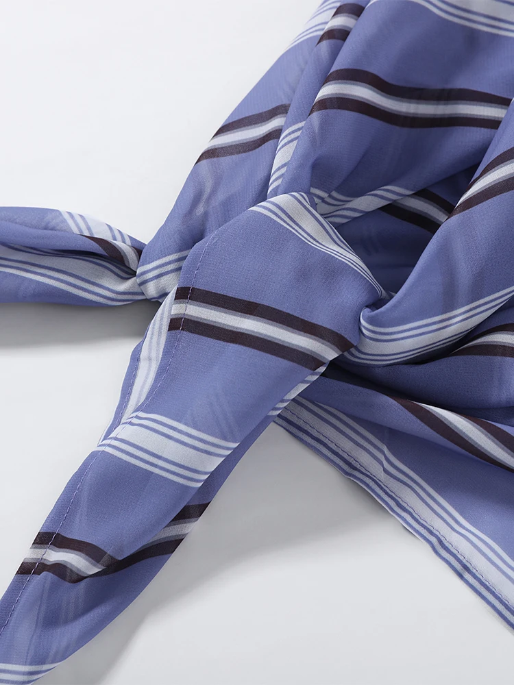 Gestreiftes, durchsichtiges Revers-Langarmhemd mit Hose für Damen – Sexy Bluse mit unregelmäßigem Saum und ausgestellter Hose – Schickes Damen-Set – Detail 23