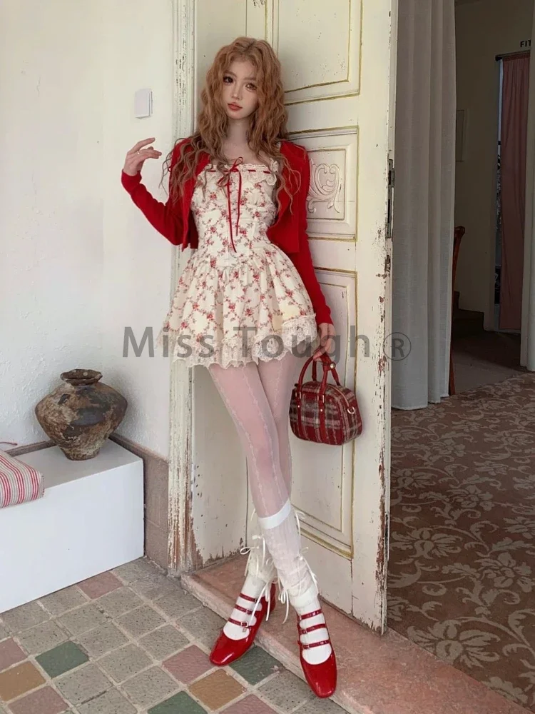 Sweet Cottagecore New Two Piece Set Women Red Knitted Cardigan +Cute Boho Mini Dress Female Print Casual Floral Dress Suit 2024